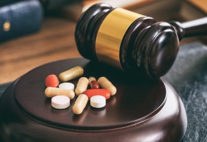 image of a gavel with various pills