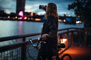night view of woman on bike Portland
